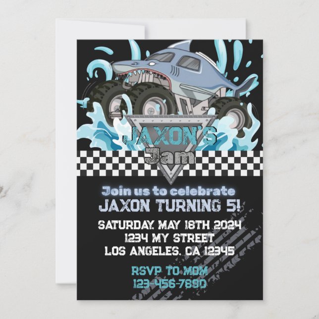 Invitación de cumpleaños a Monster Truck - Tiburón (Anverso)