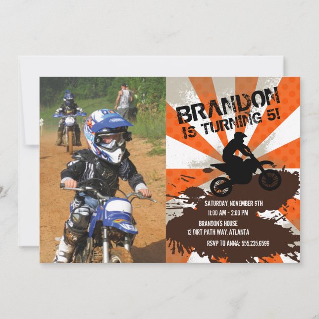 Invitación de cumpleaños a naranja Dirt Bike (Anverso)