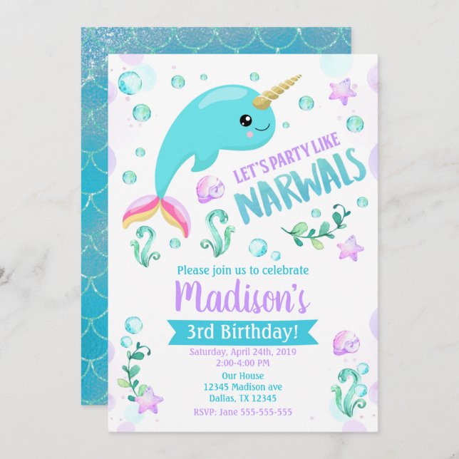 Invitación de cumpleaños a Narwhal Fiesta mágico (Anverso / Reverso)