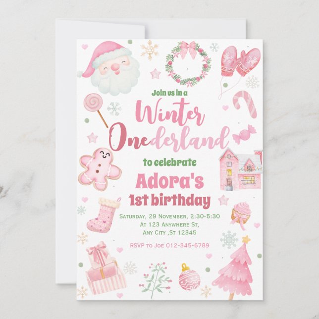 Invitación de cumpleaños a Navidades rosados de in (Anverso)