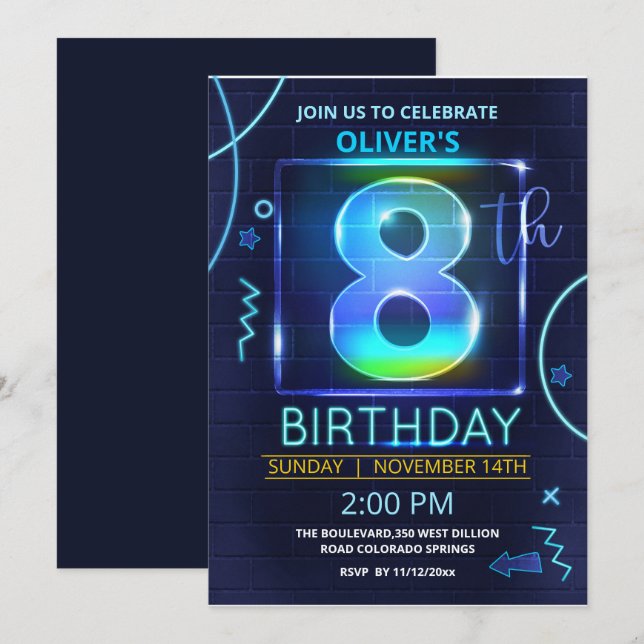 Invitación de cumpleaños a Neon 8th (Anverso / Reverso)