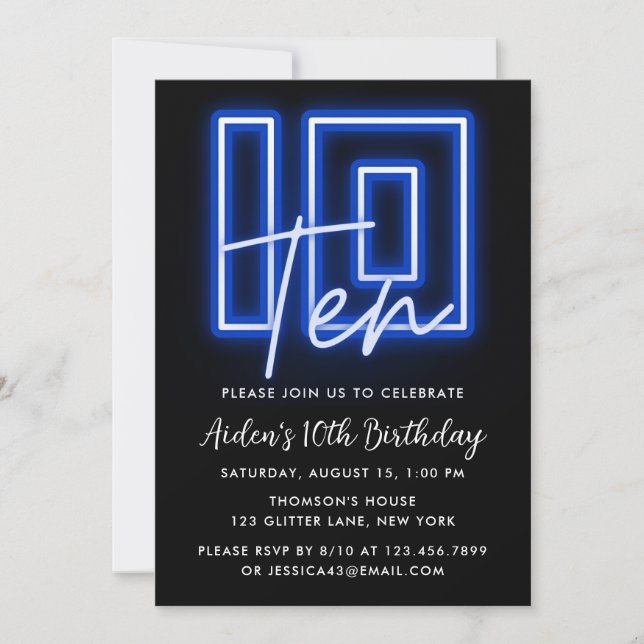 Invitación de cumpleaños a Neon Blue 10 (Anverso)