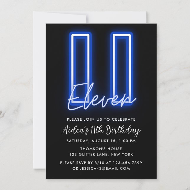 Invitación de cumpleaños a Neon Blue 11th (Anverso)