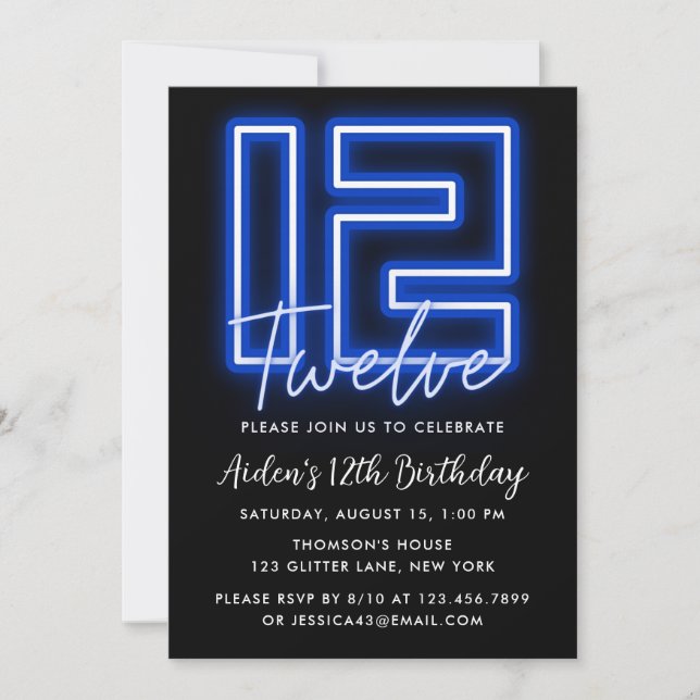 Invitación de cumpleaños a Neon Blue 12th (Anverso)