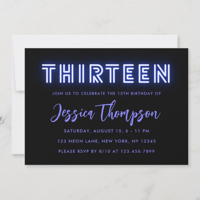 Invitación de cumpleaños a Neon Blue 13 (Anverso)