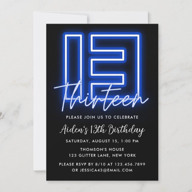 Invitación de cumpleaños a Neon Blue 13 (Anverso)