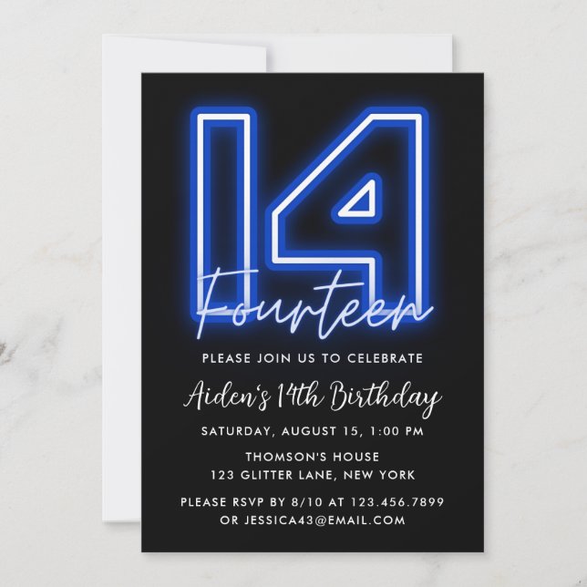 Invitación de cumpleaños a Neon Blue 14th (Anverso)