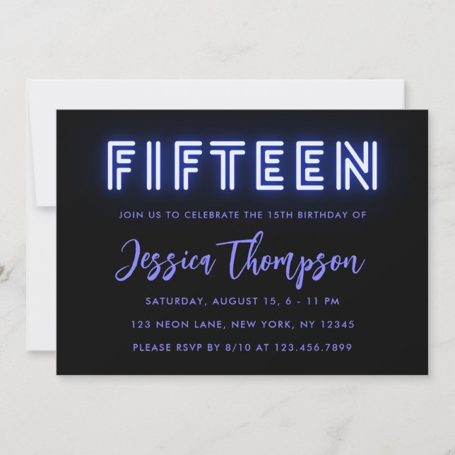 Invitación de cumpleaños a Neon Blue 15th (Anverso)