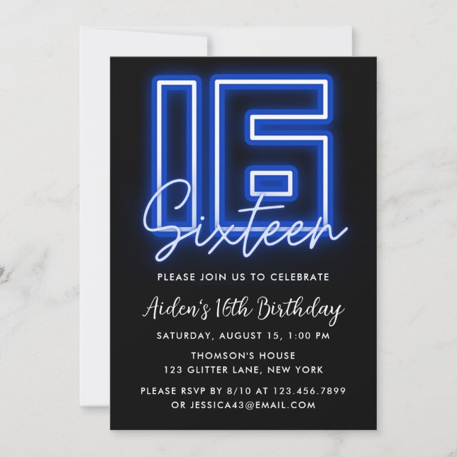 Invitación de cumpleaños a Neon Blue 16th (Anverso)