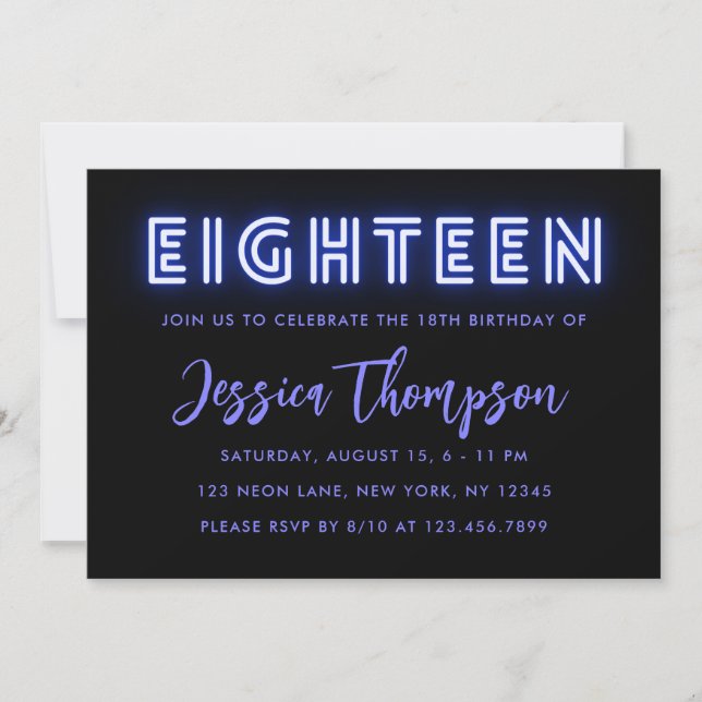 Invitación de cumpleaños a Neon Blue 18th (Anverso)