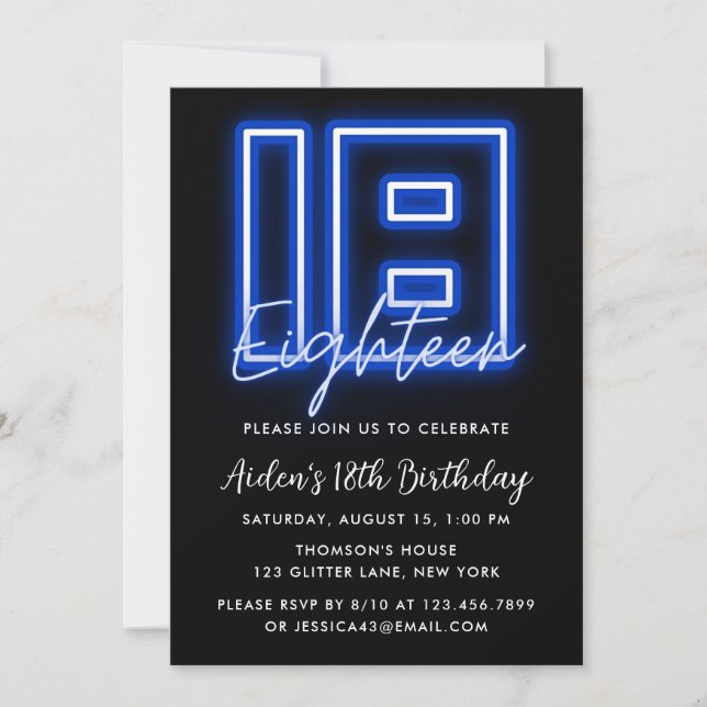 Invitación de cumpleaños a Neon Blue 18th (Anverso)