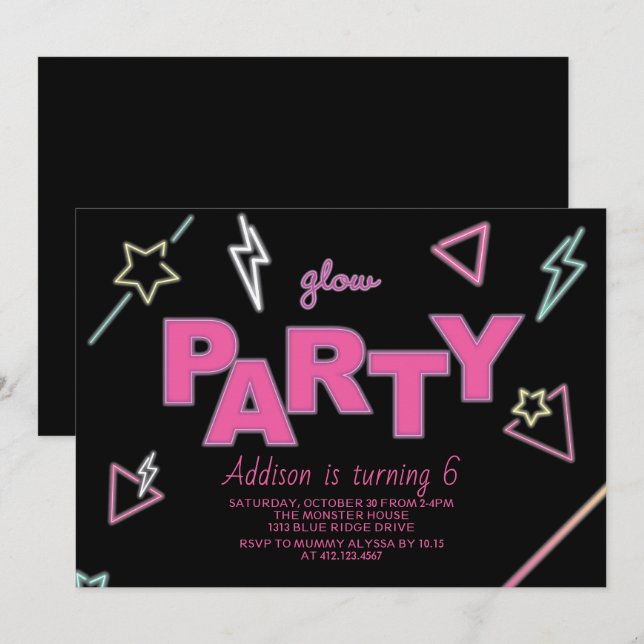 Invitación de cumpleaños a Neon Glow Fiesta (Anverso / Reverso)