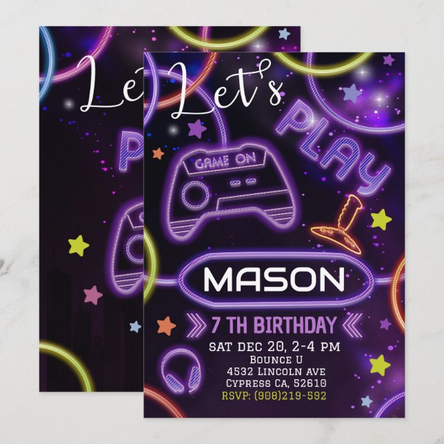 Invitación de cumpleaños a Neon Glow Gaming (Anverso / Reverso)