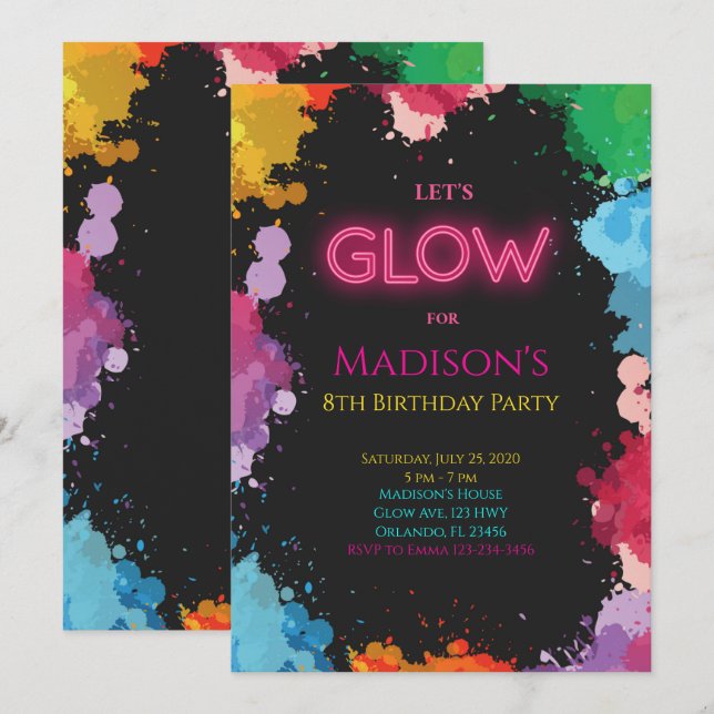 Invitación de cumpleaños a Neon Glow Painting (Anverso / Reverso)