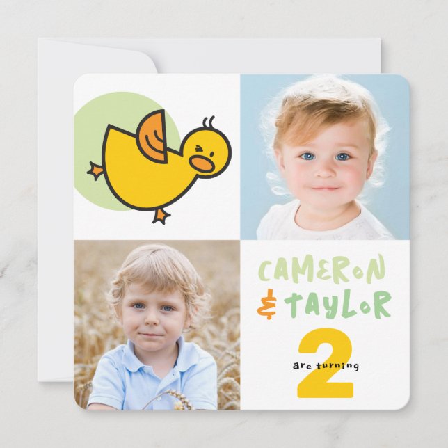 Invitación de cumpleaños a niño Chica gemelos Cute (Anverso)