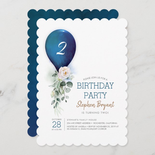 Invitación de cumpleaños a niño con globo azul de  (Anverso / Reverso)