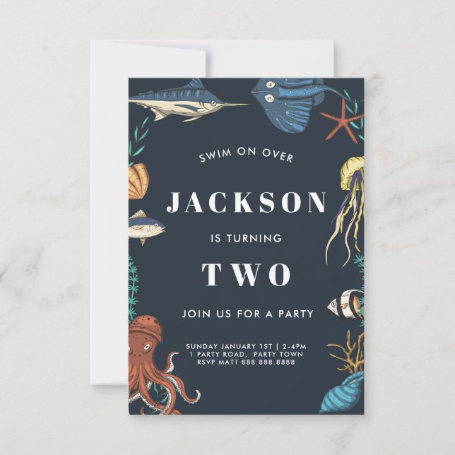 Invitación de cumpleaños a niños bajo el mar (Anverso)