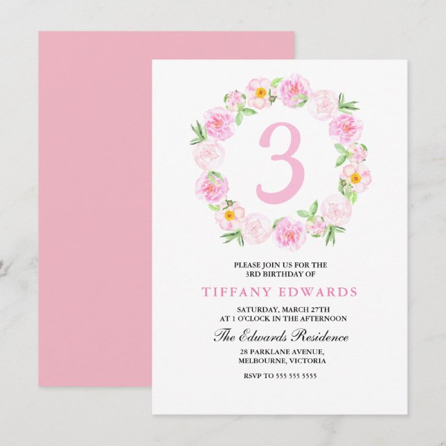 Invitación de cumpleaños a niños con flores de col (Anverso / Reverso)
