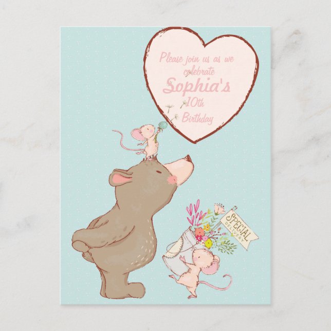 Invitación de cumpleaños a niños de oso y ratón (Anverso)