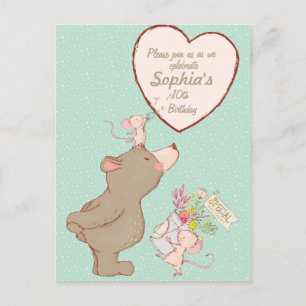 Invitación de cumpleaños a niños de oso y ratón