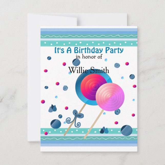 Invitación de cumpleaños a ollipops y dulces (Anverso)
