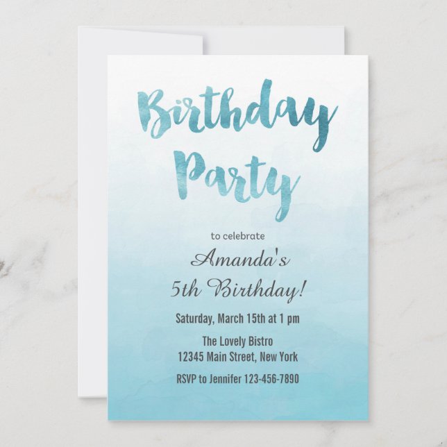 Invitación de cumpleaños a Ombre Blue Watercolor (Anverso)