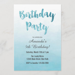 Invitación de cumpleaños a Ombre Blue Watercolor