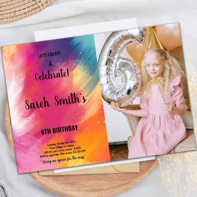 Invitación de cumpleaños a Paint and Purple Paint  (Pink Purple Paint Birthday Invitations with photo)