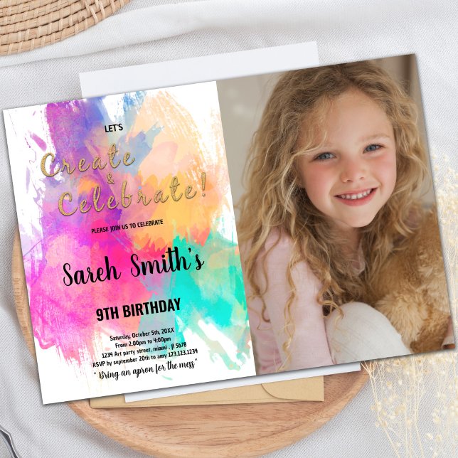 Invitación de cumpleaños a Paint Paint Naranja ver (Green orange pink Paint Birthday Invitations Photo)