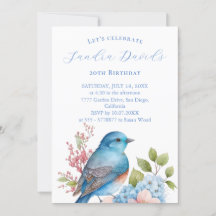 Invitación de cumpleaños a pájaro azul romántico