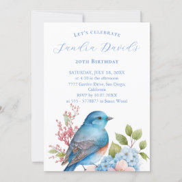Invitación de cumpleaños a pájaro azul romántico