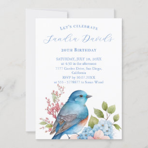 Invitación de cumpleaños a pájaro azul romántico