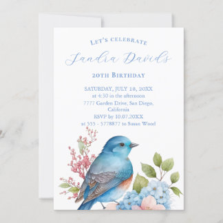 Invitación de cumpleaños a pájaro azul romántico