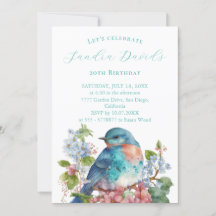 Invitación de cumpleaños a pájaro azul romántico