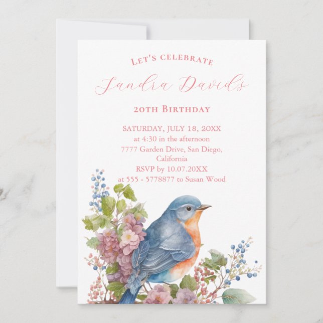 Invitación de cumpleaños a pájaro azul romántico (Anverso)