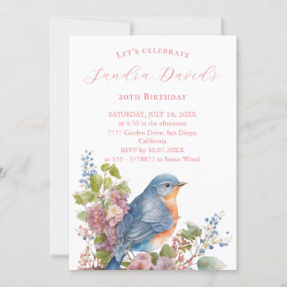 Invitación de cumpleaños a pájaro azul romántico