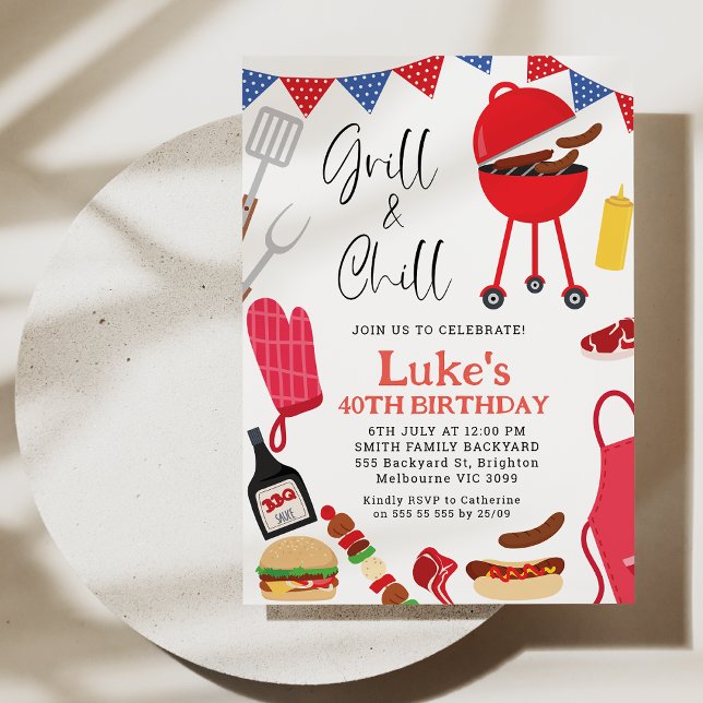 Invitación de cumpleaños a parrilladas rojas y chi (Chill and Grill BBQ Birthday Invitation Template, 4oth Birthday BBQ Backyard Birthday Invitation)