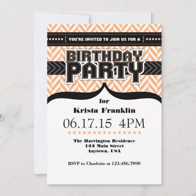Invitación de cumpleaños a Peach White Black Herri (Anverso)