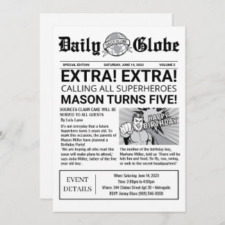 Invitación de cumpleaños a periódico de superhéroe