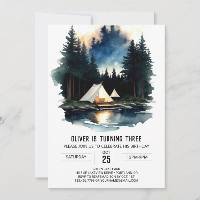 Invitación de cumpleaños a Pine Tree Campfire (Anverso)
