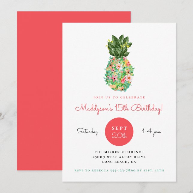Invitación de cumpleaños a Pineapple Floral Tropic (Anverso / Reverso)