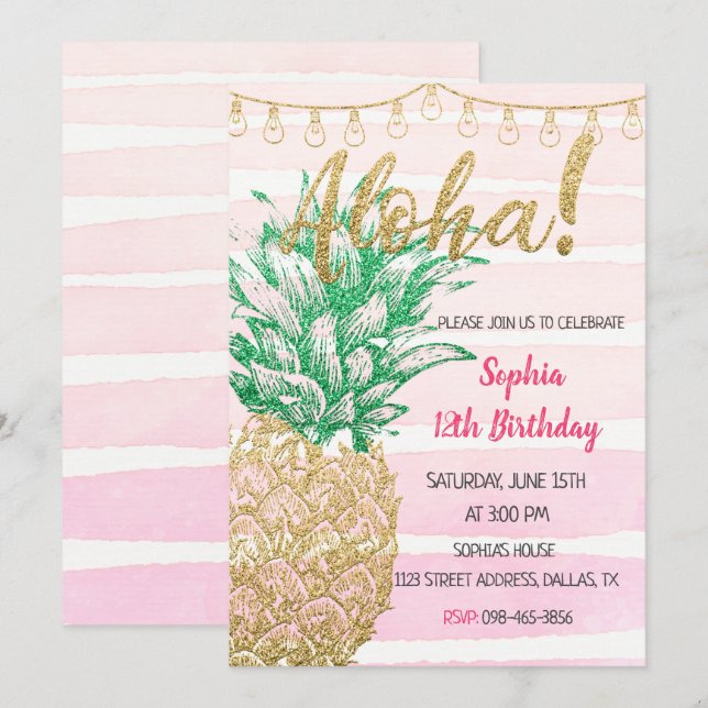 Invitación de cumpleaños a Pineapple Tropical (Anverso / Reverso)