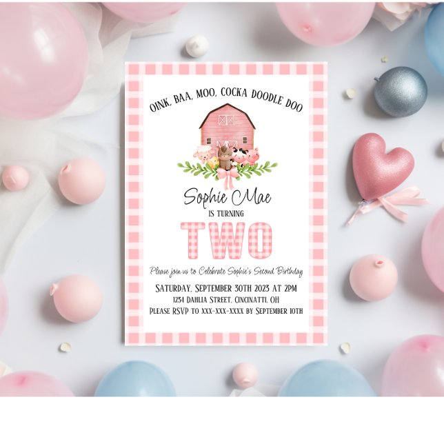 Invitación de cumpleaños a Pink Gingham Barnyard (Subido por el creador)