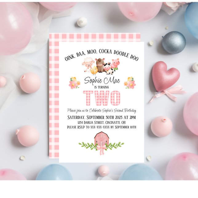Invitación de cumpleaños a Pink Gingham Barnyard (Subido por el creador)