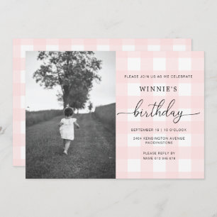 Invitación de cumpleaños a Pink Gingham Photo