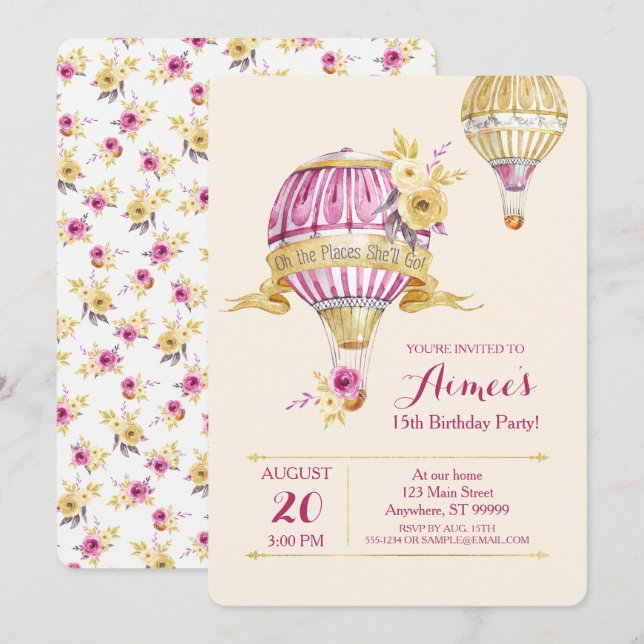 Invitación de cumpleaños a Pink+Gold Hot Air Ballo (Anverso / Reverso)