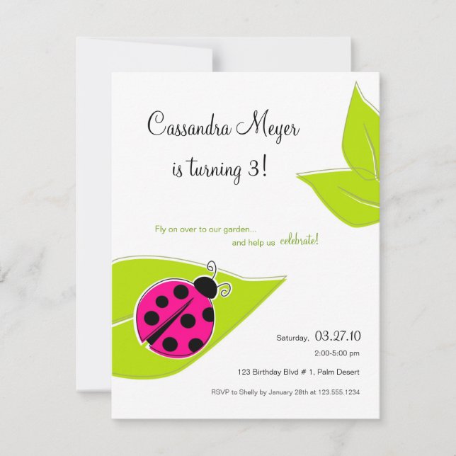 Invitación de cumpleaños a Pink Ladybug (Anverso)