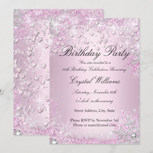 Invitación de cumpleaños a Pink Sparkle Hearts (Anverso / Reverso)