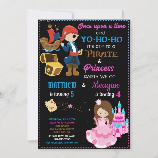 Invitación de cumpleaños a piratas y princesas Dos (Anverso)