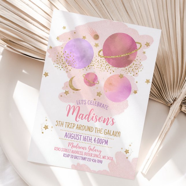 Invitación de cumpleaños a planetas, Chica de gala (Outer space girl birthday invitation)